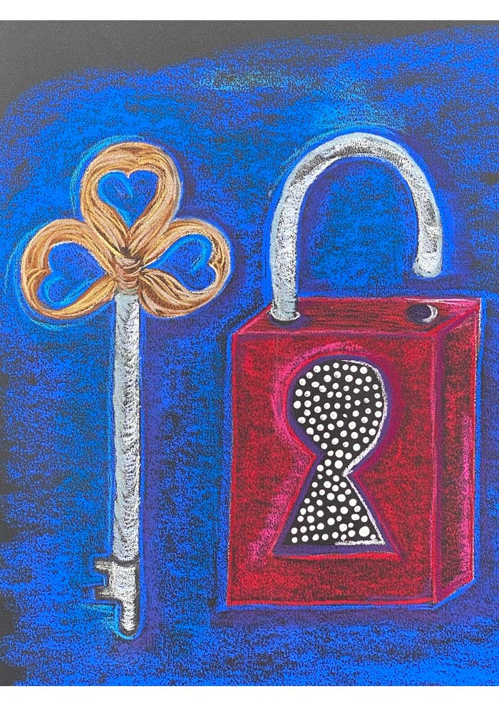 Painted red padlock and golden key